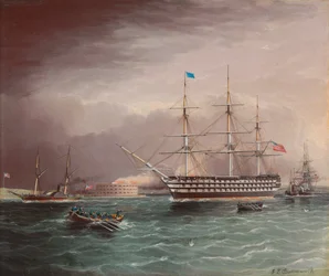 Die U.S.S. Pennsylvania im Schlepp beim Ausbruch des amerikanischen Bürgerkriegs mit Fort Monroe im Hintergrund