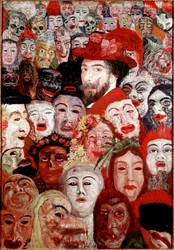Selbstporträt umgeben von Masken (James Ensor, 1899)