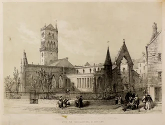 Ansicht der Ost- und Südkirchen, Dundee, nach dem Brand, 3. Januar 1841