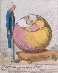 Eine Kugel, die gegen eine Ebene projiziert wird, veröffentlicht von Hannah Humphrey im Jahr 1792 (handkolorierte Radierung)