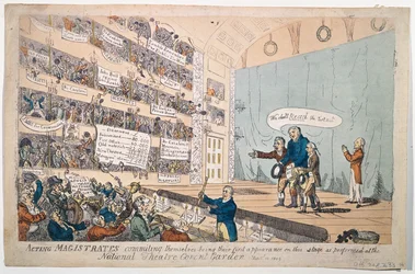 Handelnde Magistrate, die sich selbst verpflichten, bei ihrem ersten Auftritt im National Theatre Covent Garden, veröffentlicht 1809