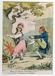 Britannia in französischen Korsetts, oder Reform auf Kosten der Verfassung, veröffentlicht von Hannah Humphrey 1793 (handkolorierte Radierung)