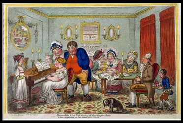 Bauer Giles und seine Frau zeigen ihren Nachbarn ihre Tochter Betty bei ihrer Rückkehr aus der Schule, veröffentlicht von Hannah Humphrey im Jahr 1809