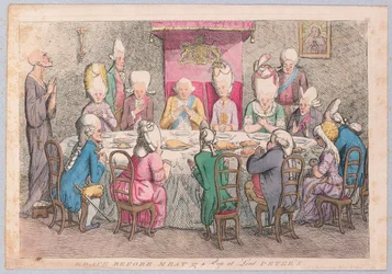 Gnade vor dem Essen oder ein Blick auf Lord Peters, veröffentlicht 1779 (handkolorierter Stich)