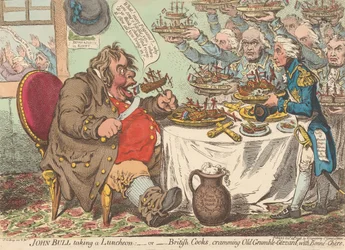 John Bull nimmt ein Mittagessen zu sich; - oder - Britische Köche stopfen den alten Murrmagen mit guter Kost voll (aus: Karikatur, Bd. 1)