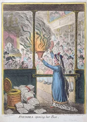 Pandora öffnet ihre Büchse, veröffentlicht von Hannah Humphrey, 1809