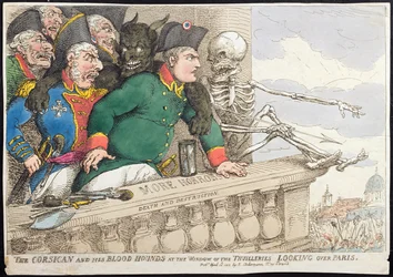 Der Korsikaner und seine Bluthunde am Fenster der Tuilerien, Blick über Paris, veröffentlicht von Hannah Humphrey 1815 (handkolorierte Radierung)