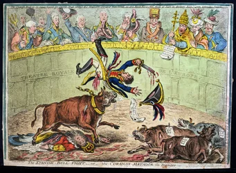 Der spanische Stierkampf oder Der korsische Matador in Gefahr, veröffentlicht von Hannah Humphrey im Jahr 1808