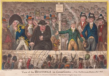 Ansicht der Wahltribüne in Covent Garden - Die Westminster-Wahl im November 1806, veröffentlicht 1806