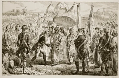 Das Treffen von Lord Clive mit Meer Jaffier nach der Schlacht von Plassey, graviert von Thomas Williams