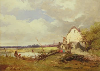 Angler bei einem Cottage am Flussufer