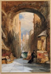 Venedig: ein Edicola unter einem Torbogen, mit Santa Maria della Salute in der Ferne, 1853