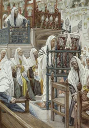 Jesus rollt das Buch in der Synagoge auf, Illustration für Das Leben Christi, um 1886-96