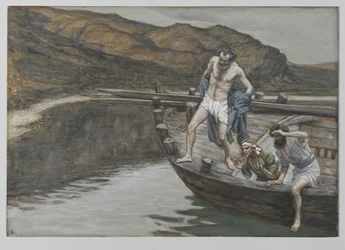 Heiliger Petrus, von heiligem Johannes auf die Anwesenheit des Herrn aufmerksam gemacht, stürzt sich ins Wasser, Illustration aus Das Leben unseres Herrn Jesus Christus, 1886-94