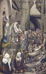 Die ganze Stadt war an der Tür versammelt - Die ganze Stadt war an der Tür versammelt - aus „Das Leben unseres Herrn Jesus Christus“ - 1899 von James Tissot - Und die ganze Stadt war an ihrer Tür versammelt - Markus 1:33 - Das Leben unseres Herrn Jesus Chr