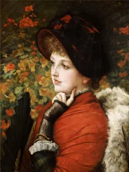 Typus der Schönheit: Porträt von Mrs. Kathleen Newton in einem roten Kleid und einer schwarzen Haube, 1880