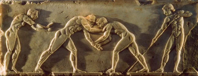 Antike griechische Athleten dargestellt auf einem Basrelief aus dem 6. Jahrhundert v. Chr. Nationales Archäol...