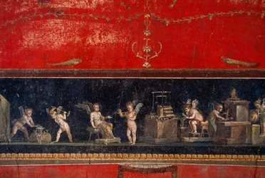 Fresko in Pompeji zeigt Goldschmiedeputten bei der Arbeit. Pompeji, Italien.