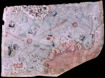 Die 1513 fertiggestellte Karte Piri Reis Haritasi. Topkapi-Palastmuseum, Istanbul, Türkei.