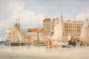 Ansicht des Billingsgate Wharfs und Marktes mit Schiffen und Menschen, City of London