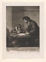 Stehender Mann mit Zirkel und Junge, der an einem Tisch sitzt