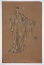 Verhüllte Figur an einem Geländer