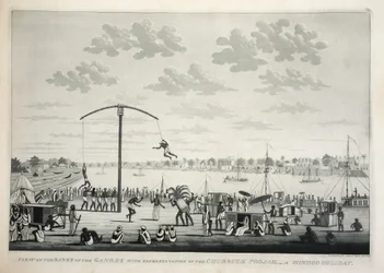 Ansicht der Ufer des Ganges mit Darstellung des Churruck Poojah, veröffentlicht 1810 (Gravur)