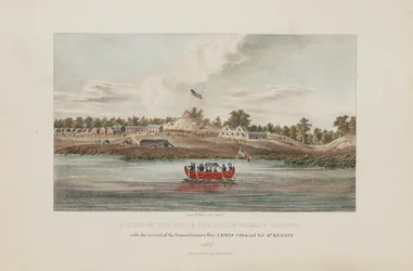Ansicht des Butte Des Morts Vertragsgeländes; Mit der Ankunft der Kommissare Gov. Lewis Cass und Col. McKenny, aus dem Aboriginal Portfolio
