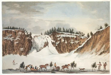 Winteransicht der Montmorenci-Fälle von der Straße auf dem Eis, aufgenommen am 12. April 1781, graviert von John Wells
