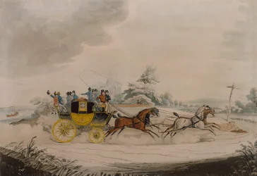 Postkutsche und Konkurrenzkutsche in Sicht