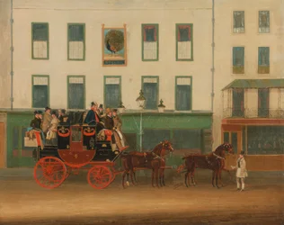 Die London-Manchester Postkutsche, „der Peveril of the Peak,“ vor dem Peacock Inn, Islington