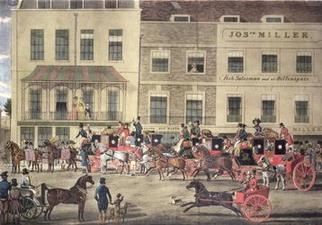 West Country Mails im Gloucester Coffee House, Piccadilly, graviert von C. Rosenberg, 1828