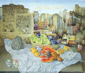 Stillleben mit Papaya und Stadtansicht, 2000