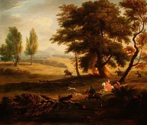 Jagdgesellschaft in einer weiten Landschaft