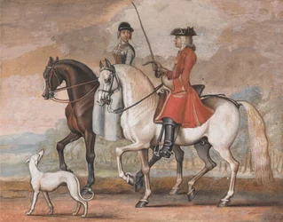Ein Herr auf einem zugerittenen Pferd reitet mit einer Dame aus