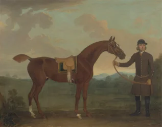 Alter Fuchs, gehalten von einem Stallburschen