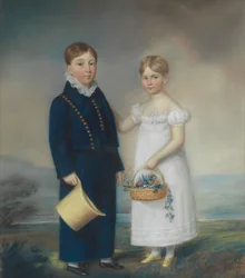 Junge mit Hut und Mädchen mit einem Korb Blumen, stehend in einer Landschaft