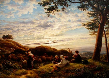 Hirtenjungen, die ihre Herde bei Sonnenuntergang hüten