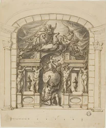 Entwurf für Bühnenbild (Hampton Court) mit mythologischen Figuren