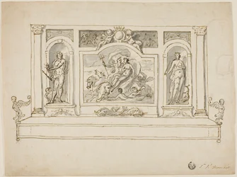 Neptun und Amphitrite flankiert von Jupiter und Juno: Entwurf für bemalte Halle oder Gartenbank