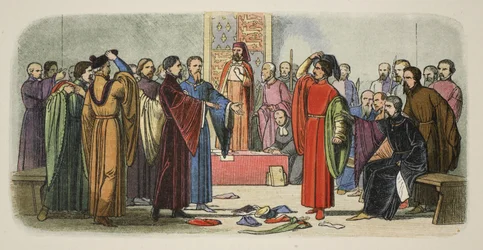 Albemarle und Fitzwalter tauschen Herausforderungen, aus A Chronicle of England BC 55 to AD 1485, veröffentlicht in London