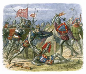 König Heinrich V. wird von Herzog von Alençon in der Schlacht von Agincourt angegriffen