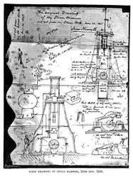 Erste Zeichnung des Dampfhammers, 24. November 1839, aus einer herausgerissenen Seite aus Nasmyths Skizzenbuch, graviert von R. Paterson