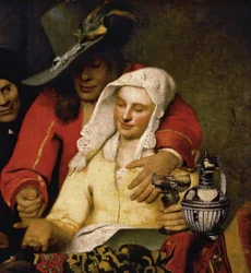 Detail von "Bei der Kupplerin" - Porträt eines jungen Galanten und der Kurtisane - Gemälde von Johannes (oder Jan) Vermeer (1632-1675) 1656 Gemäldegalerie Alte Meister, Dresden