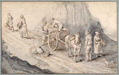 Bauern laden einen Einspänner mit Wurzelgemüse