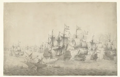 Eine Seeschlacht, möglicherweise bei Lowestoft am 13. Juni 1665 (linkes Blatt)