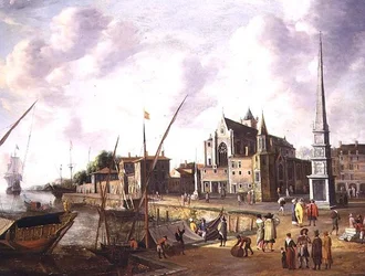 Ein Mittelmeerhafen mit eleganten Figuren am Kai und Schiffen auf See in der Ferne