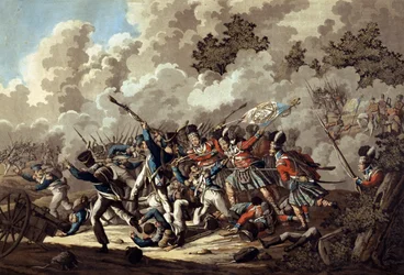 Niederlage der französischen Garde durch die Highlander, La Haye Sainte, während der Schlacht von Waterloo, 1815