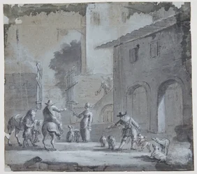 Stadtszene mit einem offenen Tor, Figuren und Tieren