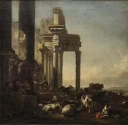 Italienische Landschaft mit Bauern, Vieh und Schafen bei klassischen Ruinen, um 1650er Jahre (Öl auf Leinwand)